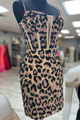 Party Dresses Short, Leopard Print Sheath Straps Homecoming Dress