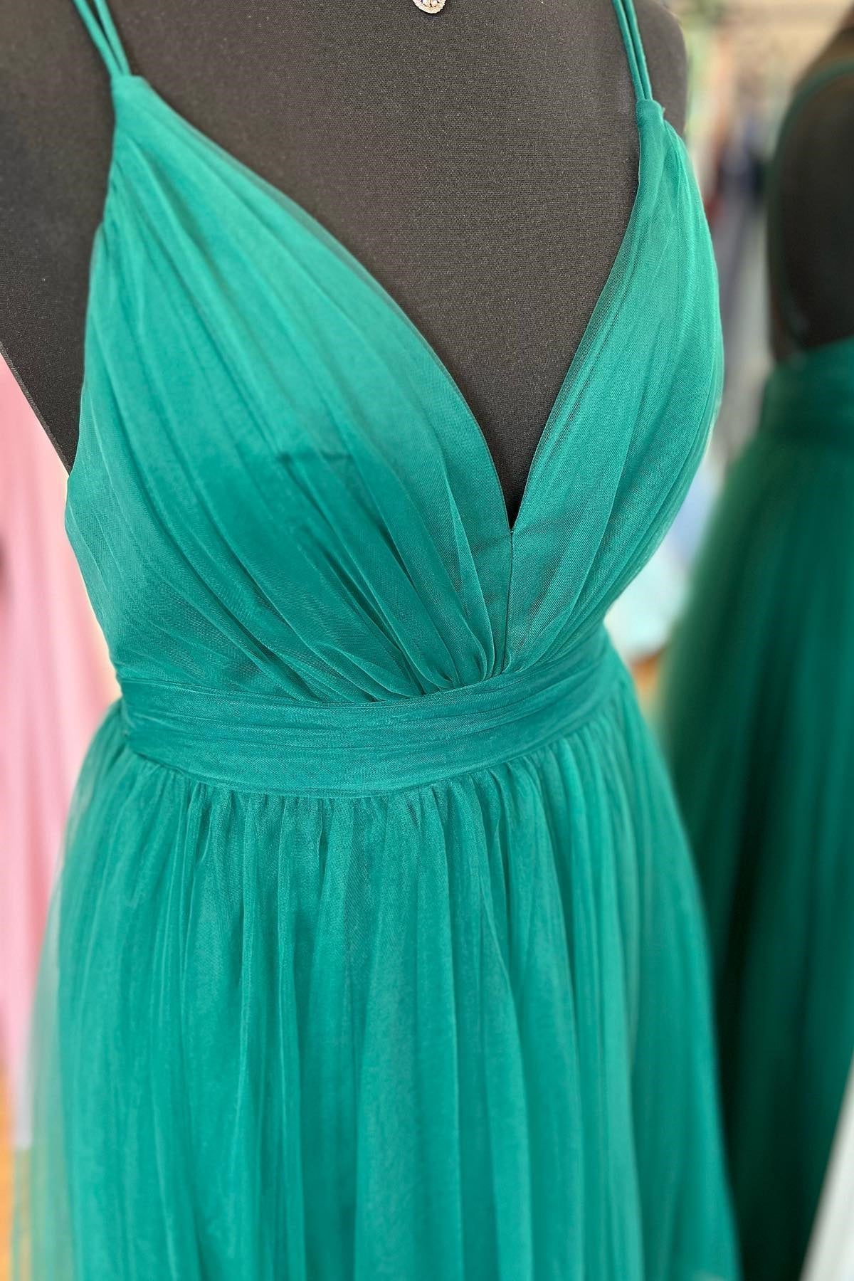 Party Dress Pink, Hunter Green A-line Plunging V Neck Double Straps Pleated Long Prom Dress