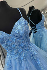 Prom Dress 2041, Blue Floral Appliques Lace-Up Tiered A-Line Prom Dress