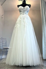 Wed Dresses Vintage, White Tulle Floral Lace Strapless A-Line Wedding Dress
