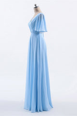 Formal Dress Gowns, Flutter Sleeves Blue Chiffon A-line Long Bridesmaid Dress