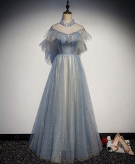 Party Dress Online Shopping, Light Blue Tulle Lace Long Prom Dress, Tulle Evening Dress