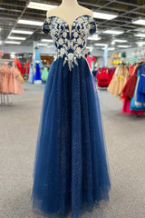 Bridesmaids Dresses Near Me, Navy Blue Floral Applique Lace-Up A-Line Long Prom Dress
