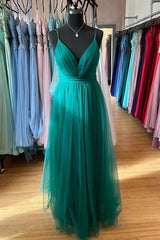 Party Dress Wedding Guest Dress, Hunter Green A-line Plunging V Neck Double Straps Pleated Long Prom Dress