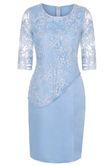 Floral Bridesmaid Dress, Light Blue Crew Neck Lace Half Sleeve Short Mother of the Bride Dress