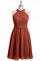 Formal Dresses With Sleeves For Weddings, Rust Orange Chiffon Halter Backless A-Line Short Bridesmaid Dress