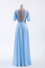 Formal Dresses Fashion, Flutter Sleeves Blue Chiffon A-line Long Bridesmaid Dress