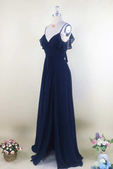 Bridesmaid Dress 2056, Navy Blue Chiffon Cold-Shoulder A-Line Long Bridesmaid Dress