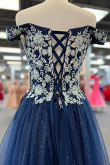 Bridesmaides Dresses Fall, Navy Blue Floral Applique Lace-Up A-Line Long Prom Dress