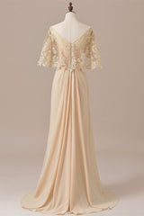 Pink Formal Dress, Ruffles Chiffon Long Mother of the Bride Dress with Lace Cape