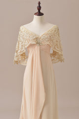 Open Back Prom Dress, Ruffles Chiffon Long Mother of the Bride Dress with Lace Cape