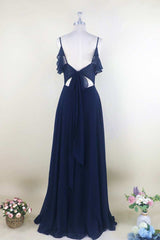 Bridesmaid Dresses Mismatched Colors, Navy Blue Chiffon Cold-Shoulder A-Line Long Bridesmaid Dress