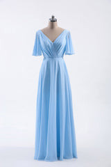 Formal Dress Elegant, Flutter Sleeves Blue Chiffon A-line Long Bridesmaid Dress