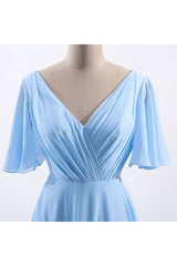 Formal Dress Fashion, Flutter Sleeves Blue Chiffon A-line Long Bridesmaid Dress