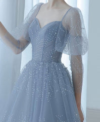 Bridesmaids Dress Websites, Blue V Neck Tulle Sequin Long Prom Dress, Blue Tulle Formal Dress, 1