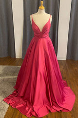 Prom Dress For Kids, A-Line Red Satin Plunge Neck Long Formal Dress