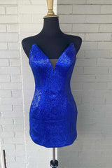 Prom Dressed Long, Blue Sequin Strapless Bodycon Homecoming Dress