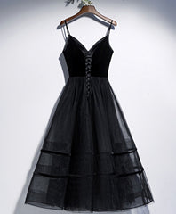 Bridesmaid Dress For Girls, Black V Neck Tulle Short Prom Dress, Black Tulle Homecoming Dress