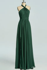Long Sleeve Prom Dress, Halter Hunter Green Chiffon A-line Long Bridesmaid Dress