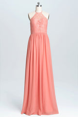 Prom Outfit, Halter Coral A-line Lace and Chiffon Long Bridesmaid Dress