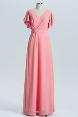 Homecoming Dress Shopping Near Me, Coral A-line Flutter Sleeves Long Bridesmaid Dress