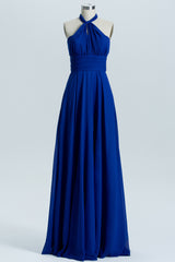 Evening Dresses For Wedding, Royal Blue A-line Chiffon Long Convertible Bridesmaid Dress
