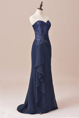Bridesmaids Dresses On Sale, Navy Blue Two-Piece Sweetheart Ruffled Long Mother of the Bride Dress