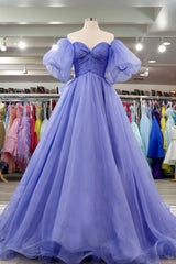 Party Dresses Outfit, Lavender Tulle A-line Off-Shoulder Puff Sleeves Pleated Long Prom Dress