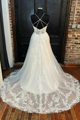 Wedding Dresses Shop, White Lace V-Neck Backless A-Line Long Wedding Dress