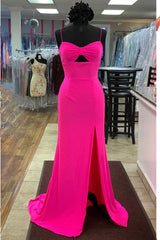 Party Dresses Short Tight, Hot Pink Beaded Keyhole Straps Mermaid Long Formal Dress with Slit