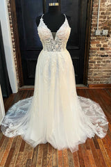 Wedding Dresses Shopping, White Lace V-Neck Backless A-Line Long Wedding Dress