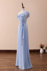 Prom Dress Tight Fitting, Periwinkle One-Shoulder Ruffled A-Line Long Bridesmaid Dress