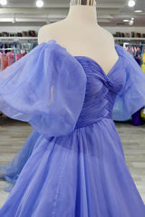 Party Dresses Outfits, Lavender Tulle A-line Off-Shoulder Puff Sleeves Pleated Long Prom Dress