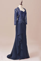 Bridesmaides Dresses Long, Navy Blue Two-Piece Sweetheart Ruffled Long Mother of the Bride Dress