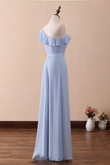 Prom Dresses Tight Fitting, Periwinkle One-Shoulder Ruffled A-Line Long Bridesmaid Dress