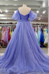 Party Dress Shop, Lavender Tulle A-line Off-Shoulder Puff Sleeves Pleated Long Prom Dress