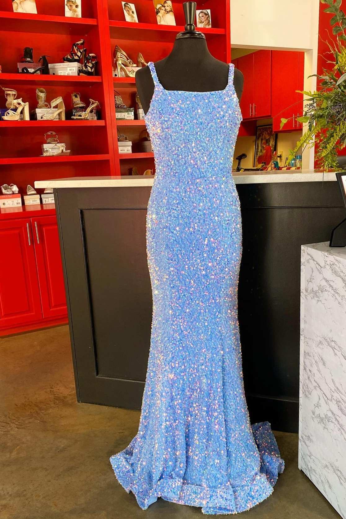 Prom Dresses2036, Blue Iridescent Sequin Straps Backless Mermaid Long Prom Dress