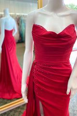 Homecoming Dresses Sweetheart, Red Beaded Strapless Mermaid Long Dress with Attached Train