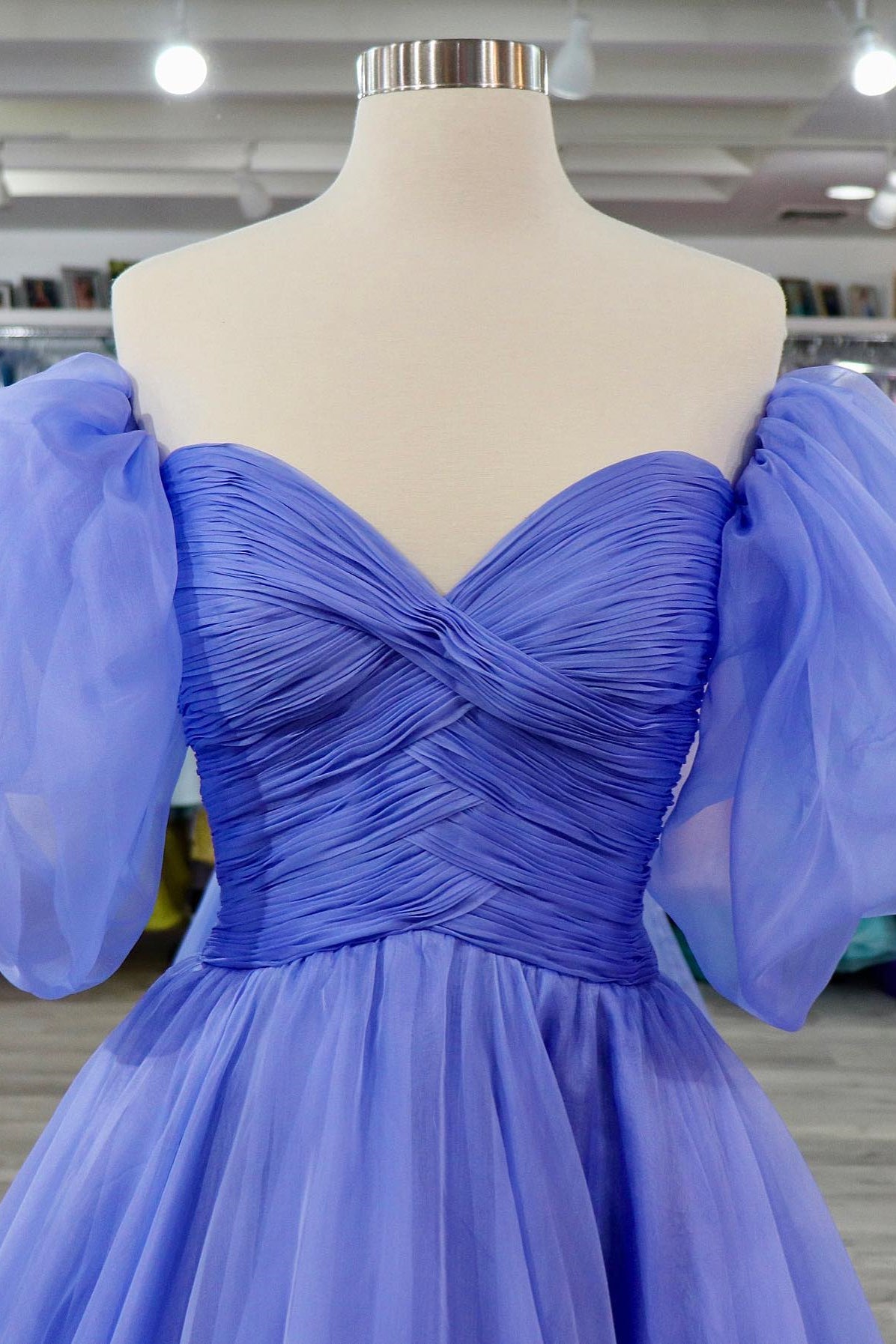 Party Dress Shopping, Lavender Tulle A-line Off-Shoulder Puff Sleeves Pleated Long Prom Dress
