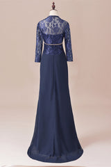 Bridesmaide Dresses Long, Navy Blue Two-Piece Sweetheart Ruffled Long Mother of the Bride Dress