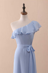 Prom Dresses For Chubby Girls, Periwinkle One-Shoulder Ruffled A-Line Long Bridesmaid Dress