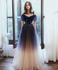 Bridesmaid Dresses Styles Long, Blue Sweetheart Tulle Off Shoulder Long Prom Dress, Blue Evening Dress