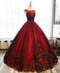 Formal Dresses Simple, Burgundy Round Neck Tulle Lace Applique Long Prom Dress, Burgundy Evening Dress