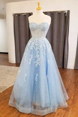 Sequin Dress, Light Blue Appliques Sweetheart A-Line Prom Dress