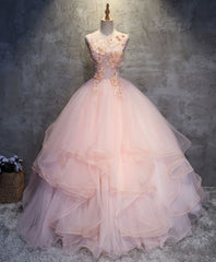 Party Dresses Formal, Pink Round Neck Tulle Lace Long Prom Dress, Lace Formal Dress