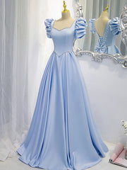 Bridesmaid Dress Winter, Blue Satin Backless Long Prom Dress, Blue Evening Dress