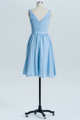 Prom Dress Pieces, Blue Chiffon A-line Pleated Short Bridesmaid Dress