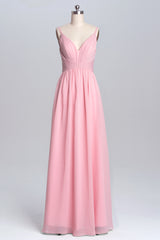 Prom Dresses Mermaid, Pink Straps A-line Pleated Long Bridesmaid Dress