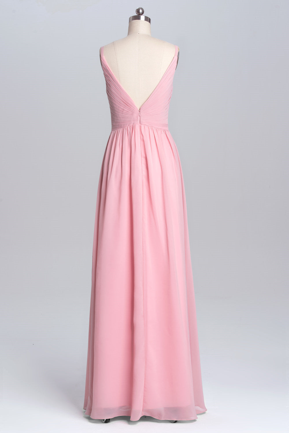 Prom Dresses V Neck, Pink Straps A-line Pleated Long Bridesmaid Dress