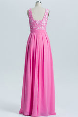 Prom Dresses Photos Gallery, Pink A-line Lace and Chiffon Long Bridesmaid Dress
